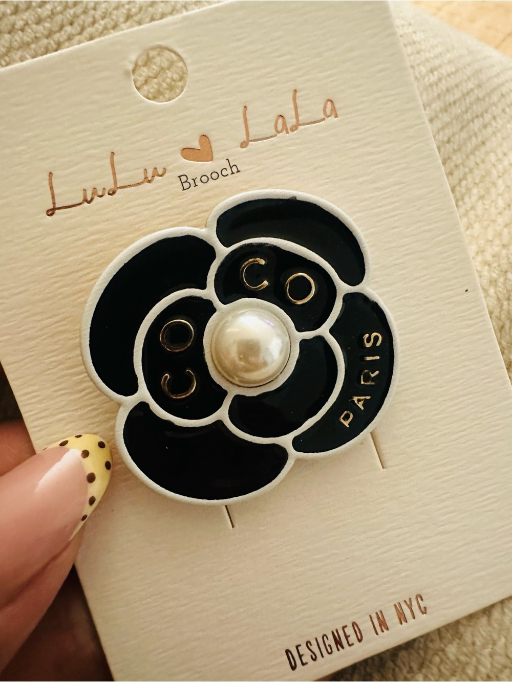 Black Flower Brooch with Pearl Accent